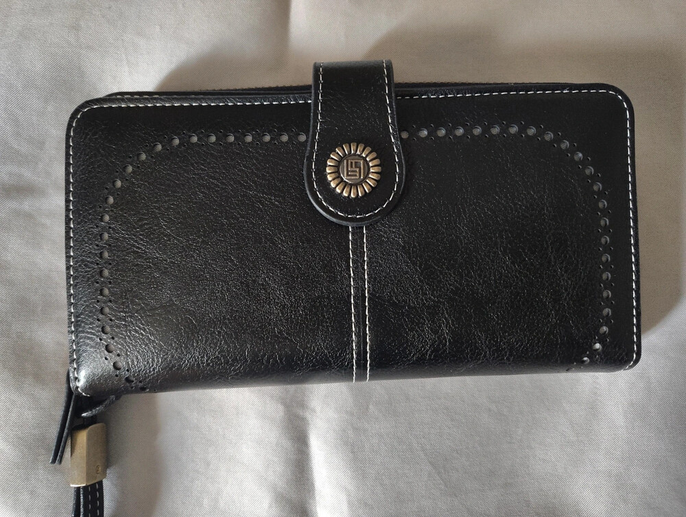Black Leather Zip Wallet – Snap Tab, Card Slots & ID Window – Vegan Leather